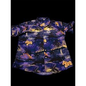 Men’s Hawaiian Shirt 2XL Purple Tropical Sunset Aloha Beach Button Up Vacation